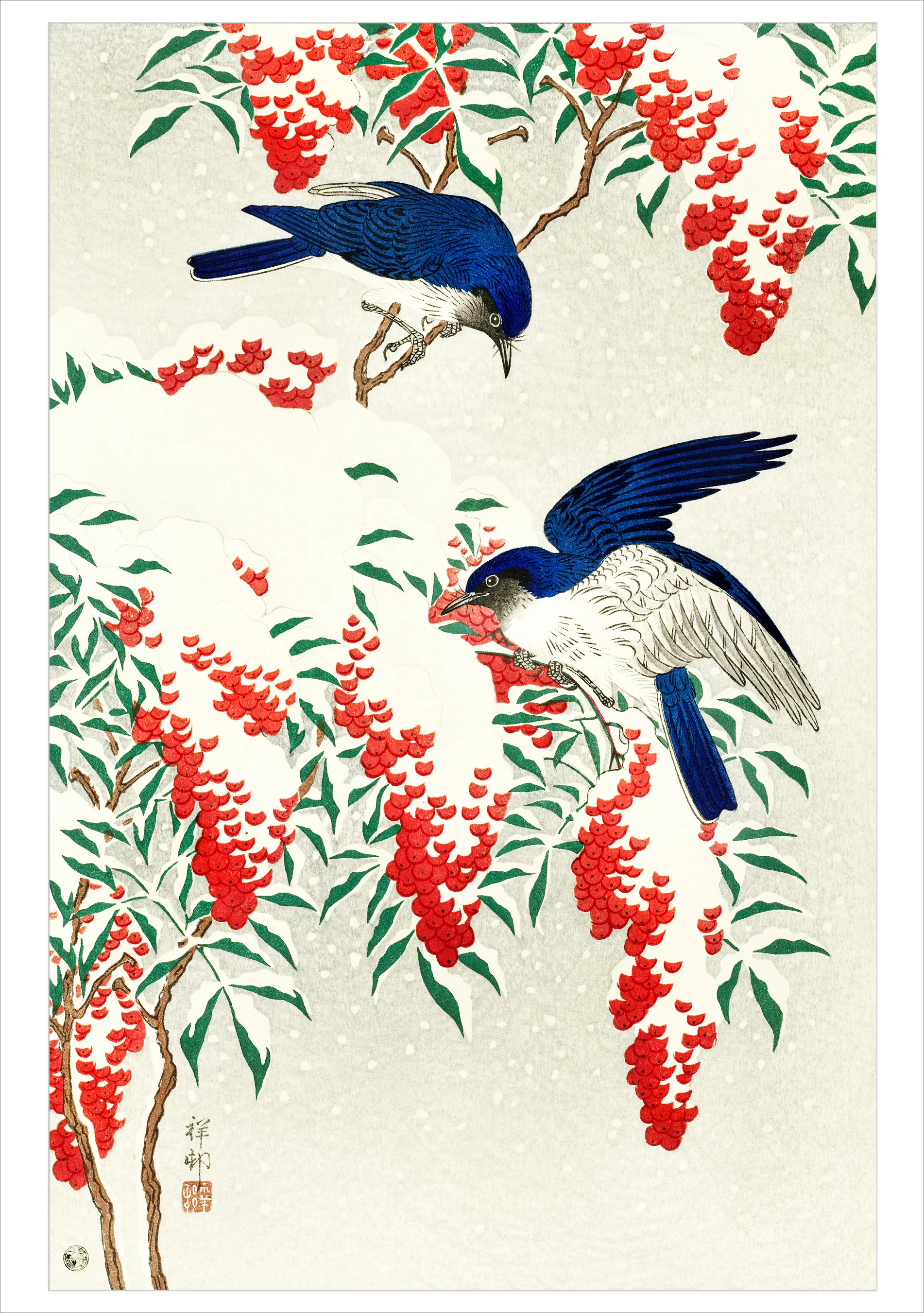 Ohara Koson (Shōson): Flycatchers in Snow Holiday Cards